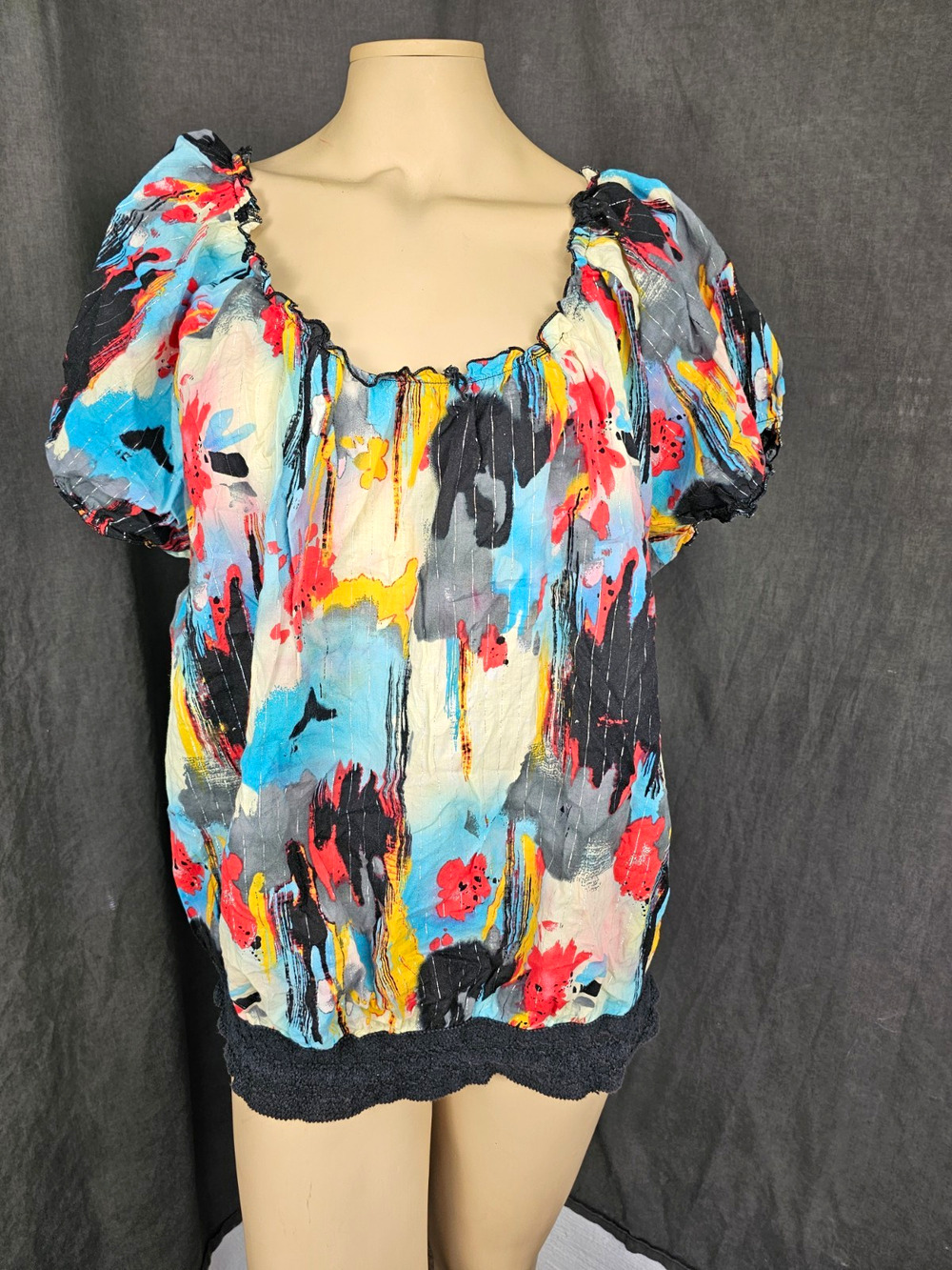 VTG Style Abstract Art Print Peasant Blouse 22W 24W Metallic Lurex Cotton Top 3X